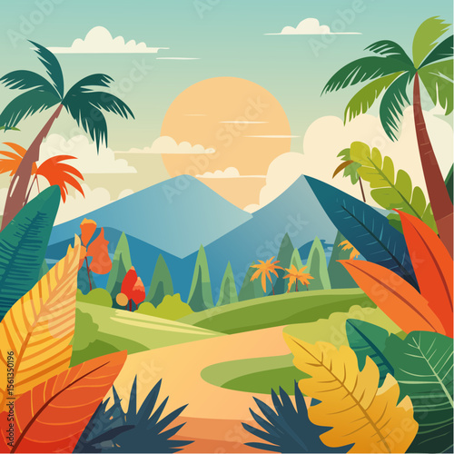 Stylized illustration of bold tropical plants in vibrant saturated hues