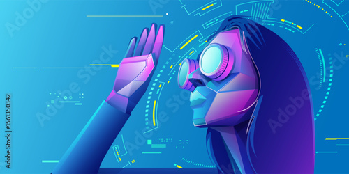 concept of virtual reality or augmented reality, character design of tech girl with smart glasses working in cyberspace presented with cyberpunk style