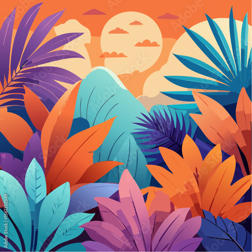Stylized illustration of bold tropical plants in vibrant saturated hues