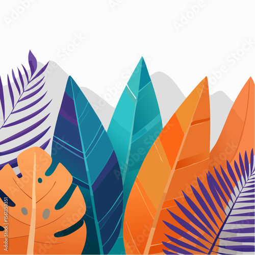Stylized illustration of bold tropical plants in vibrant saturated hues