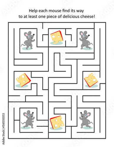 Maze game with four mice and four pieces of yummy cheese: Can you help each mouse find the path to at least one piece of delicious cheese? 
