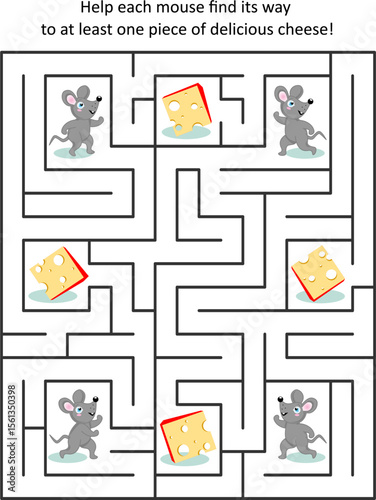 Maze game with four mice and four pieces of yummy cheese: Can you help each mouse find the path to at least one piece of delicious cheese? 
