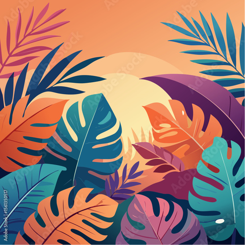 Stylized illustration of bold tropical plants in vibrant saturated hues
