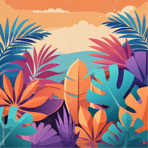 Stylized illustration of bold tropical plants in vibrant saturated hues