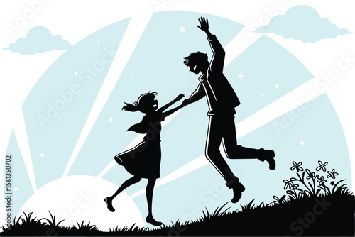 Joyful anime couple silhouette jumping together in celebration