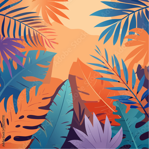 Stylized illustration of bold tropical plants in vibrant saturated hues