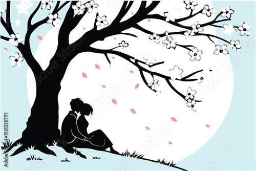 Romantic anime couple silhouette sitting under blooming cherry blossom trees