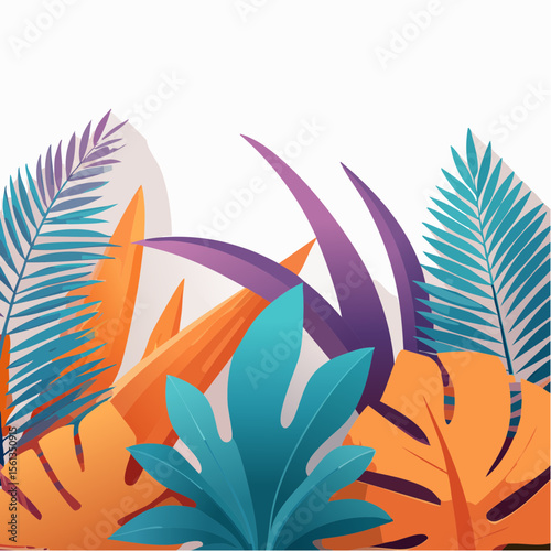 Stylized illustration of bold tropical plants in vibrant saturated hues