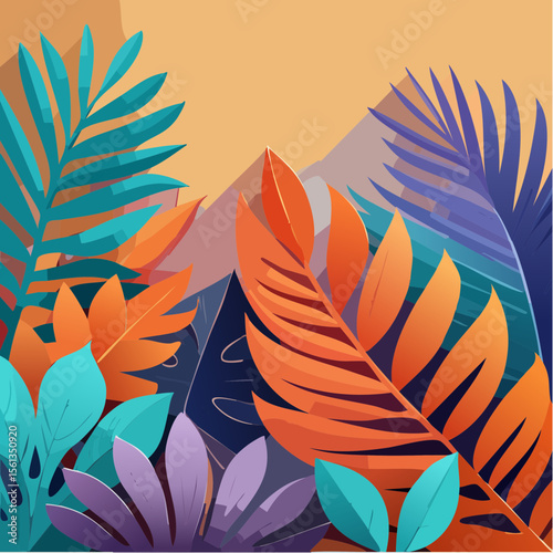 Stylized illustration of bold tropical plants in vibrant saturated hues