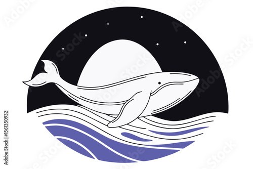 Stylized illustration of a whale swimming through waves under a full moon and starry night sky