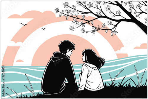 Romantic anime couple silhouetted against a vibrant sunset sky