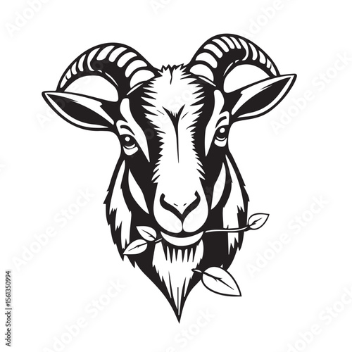 Stylized black and white graphic illustration of a goat s head with large curved horns and a leaf in its mouth