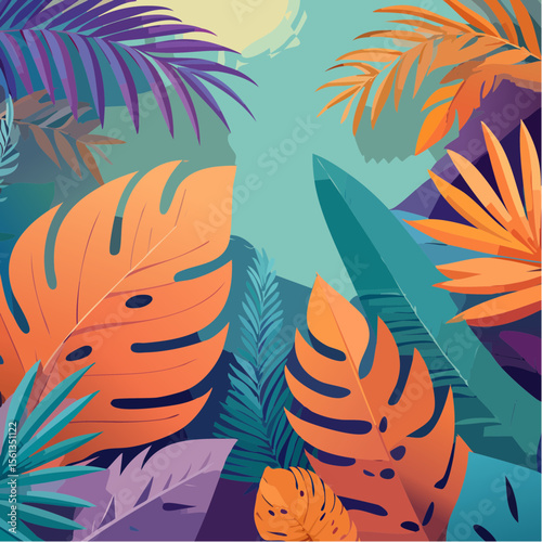 Stylized illustration of bold tropical plants in vibrant saturated hues