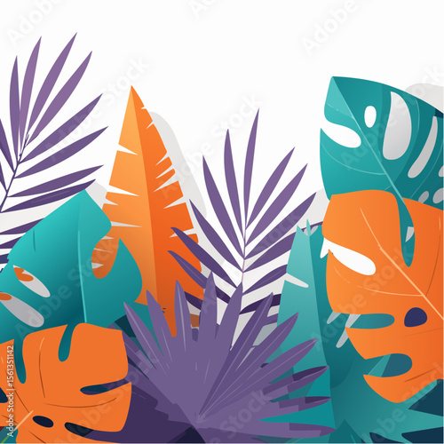 Stylized illustration of bold tropical plants in vibrant saturated hues