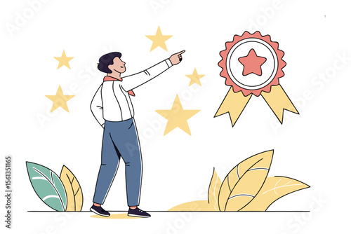 Success Aspiration: A determined individual points towards a radiant award, symbolizing ambition and the pursuit of excellence.
