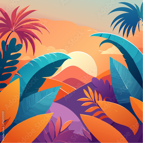 Stylized illustration of bold tropical plants in vibrant saturated hues
