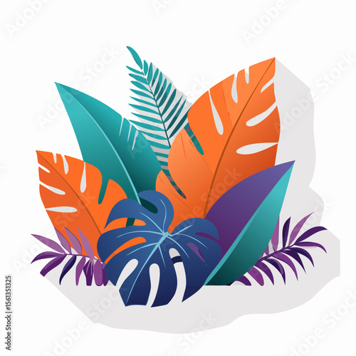Stylized illustration of bold tropical plants in vibrant saturated hues
