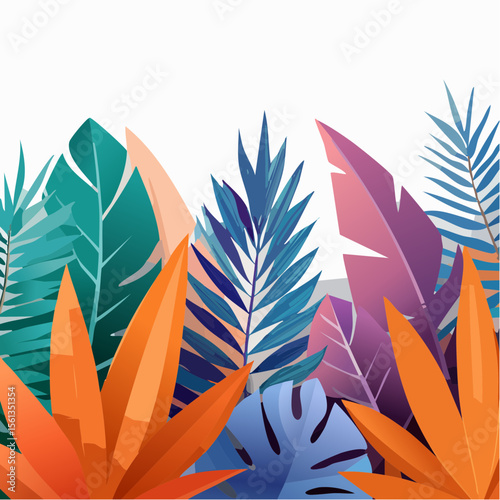 Stylized illustration of bold tropical plants in vibrant saturated hues