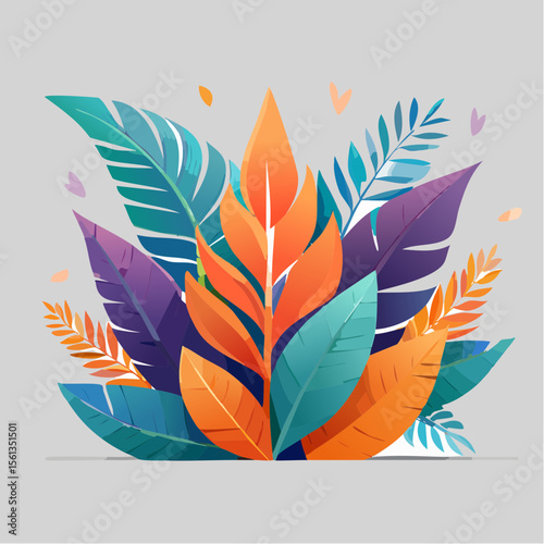 Stylized illustration of bold tropical plants in vibrant saturated hues
