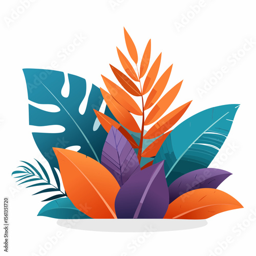 Stylized illustration of bold tropical plants in vibrant saturated hues