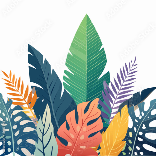 Stylized illustration of bold tropical plants in vibrant saturated hues