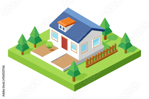 Simple Line Art of Cottage House with Trees and Garden Viewed from Top