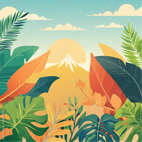 Stylized illustration of bold tropical plants in vibrant saturated hues