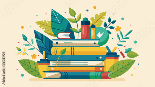Creative Education Concept: Artistic stack of books with leaves and stati