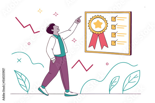 Achiever's Checklist: Illustration captures a person pointing at a checklist, showing progress, goals, and success. The scene is simple yet evokes achievement and aspiration.
