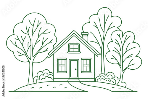 Eco Friendly Tiny Home Illustration with Garden Trees in Simple Style