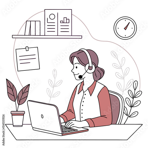 Illustration of a woman with headset working on a laptop at a desk with office and plant decor