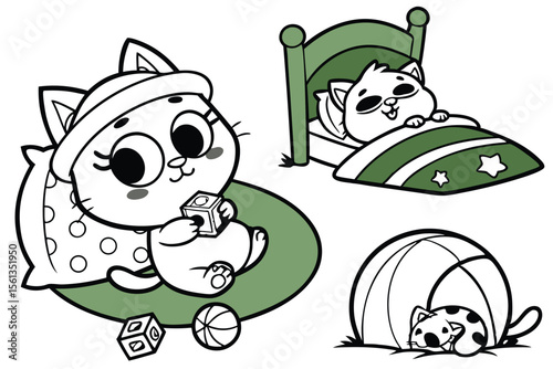 Adorable cartoon cat in various cute sleeping poses perfect for children s designs
