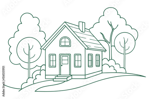 Line Art of Green House with Minimal Garden Elements on White Backdrop