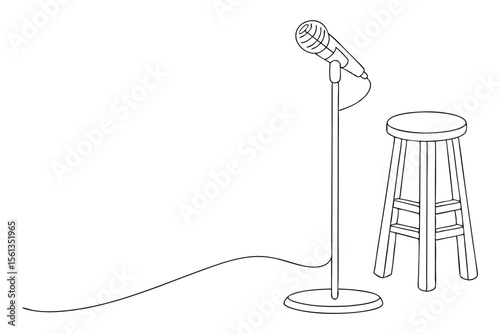 Sketch of Microphone and Stool on Stage Stand in Black Line Art