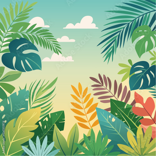 Stylized illustration of bold tropical plants in vibrant saturated hues