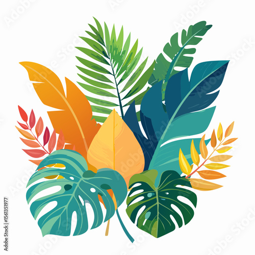 Stylized illustration of bold tropical plants in vibrant saturated hues