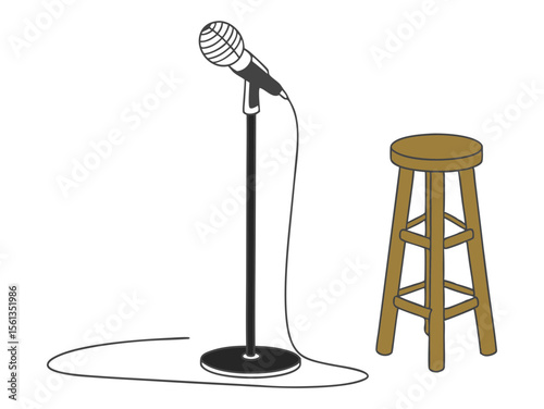 Stage Setup with Mic and Stool in Line Style Illustration