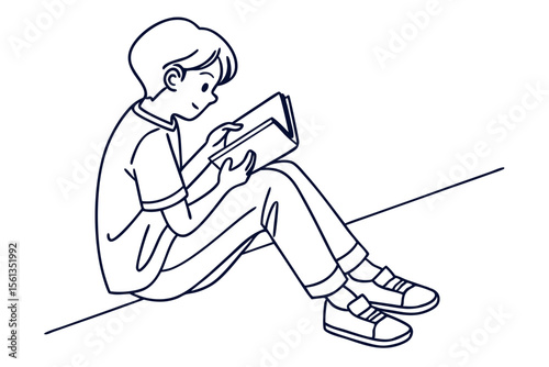 Cartoon Boy Reading a Book While Sitting in Simple Line Drawing