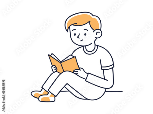Young Boy Character Enjoying Reading Book in Minimal Line Art