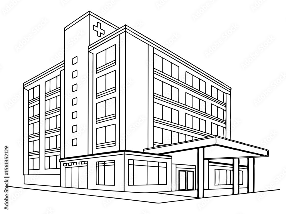 Fototapeta premium Hospital Building Design in Clean Construction Line Drawing Style