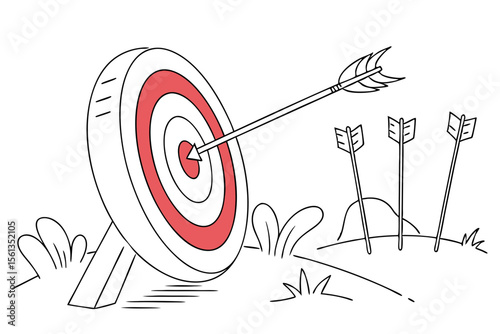 Arrow Shot to Target Sketch Showing Archery Accuracy in Line Drawing