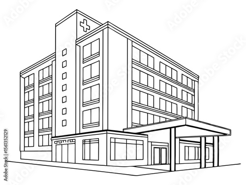 Hospital Building Design in Clean Construction Line Drawing Style