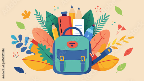 Modern School Supplies Vector: Watercolor style backpack with decorative lea