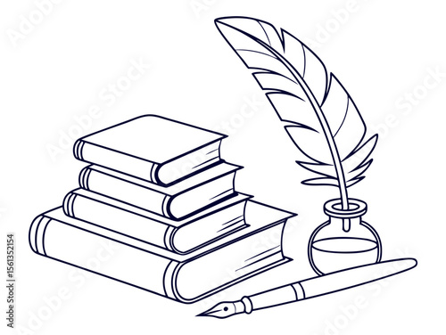 Stack of Classic Books with Quill Pen and Ink Bottle Illustration