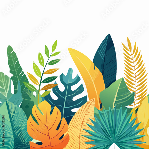 Stylized illustration of bold tropical plants in vibrant saturated hues