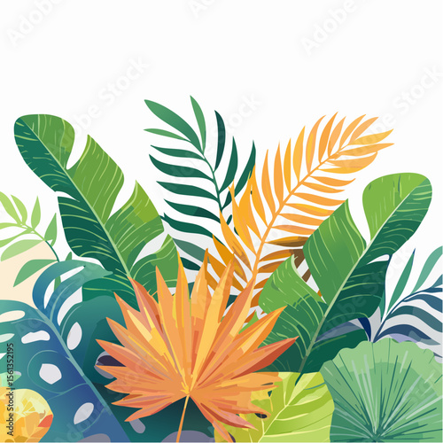 Stylized illustration of bold tropical plants in vibrant saturated hues