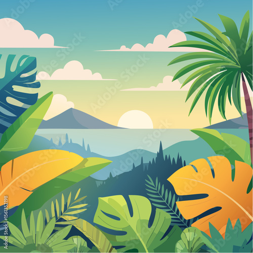 Stylized illustration of bold tropical plants in vibrant saturated hues
