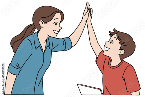Celebrating Achievement with Mother and Son High Five Minimal Line Drawing