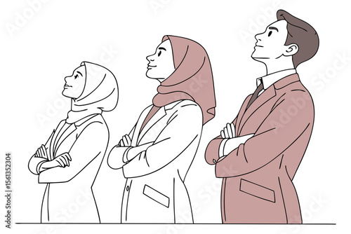Muslim Businesspeople Standing in Line Minimal Line Art for Teamwork Concept