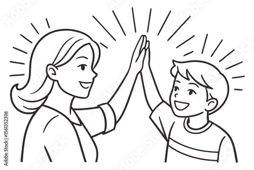 Mother High Fiving Son for Success Line Drawing Minimalist Parenting Illustration